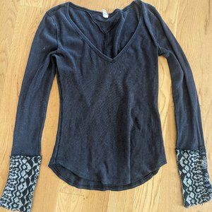 Free people Art School Embroidered Sa L gray/black thermal waffle anthropologie